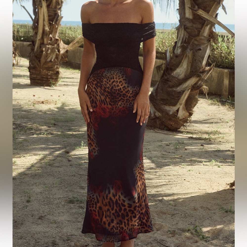Off-Shoulder Black and Leopard Print Dress